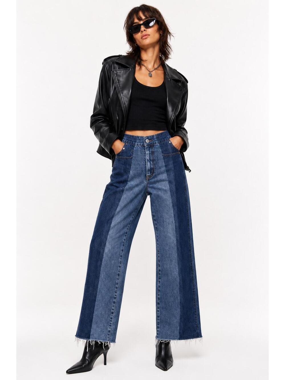 High Rise Two-Tone Wide Leg Jeans - Dark & Medium Blue
